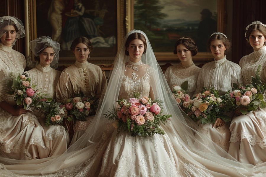 A group of women are gathered in a room, dressed in elegant dresses and veils. The focal point of the image is a bride in a stunning wedding dress, surrounded by her bridesmaids. The bride''s dress is reminiscent of a fairy tale gown, while her bridesmaids complement her in their own beautiful attire. The women are posing for a wedding photo, showcasing the joy and excitement of the special occasion. The room is adorned with flowers and picture frames, adding to the romantic atmosphere. The colors in the image are primarily earthy tones, creating a warm and inviting ambiance.
