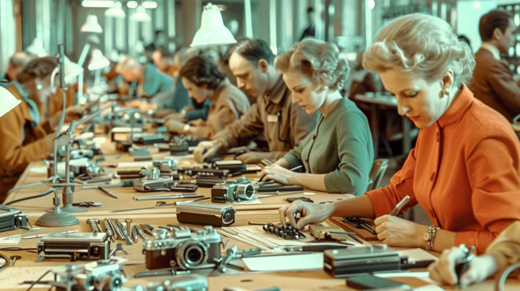 The image shows a group of women working in a factory on old cameras. The women are focused and engaged in their work, with one woman specifically working on a calculator. The scene is busy, with various tools and equipment scattered around the workspace. There are desks, chairs, and lamps present, indicating a well-equipped work environment. The women are wearing work attire and appear to be skilled workers. The colors in the image are primarily earthy tones, creating a warm and industrious atmosphere. Overall, the image captures a moment of collaboration and concentration in a factory setting.