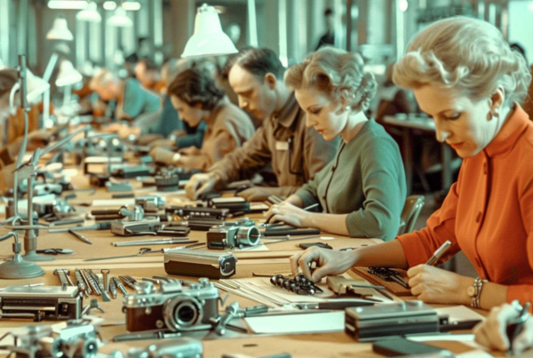 The image shows a group of women working in a factory on old cameras. The women are focused and engaged in their work, with one woman specifically working on a calculator. The scene is busy, with various tools and equipment scattered around the workspace. There are desks, chairs, and lamps present, indicating a well-equipped work environment. The women are wearing work attire and appear to be skilled workers. The colors in the image are primarily earthy tones, creating a warm and industrious atmosphere. Overall, the image captures a moment of collaboration and concentration in a factory setting.