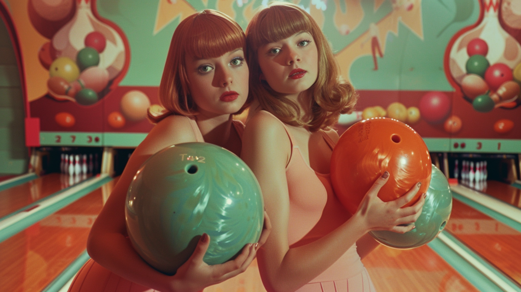 In a bustling bowling alley, two women are captured in action as they hold onto bowling balls. One woman, aged around 22, exudes confidence as she grips a bowling ball in her hands, while the other woman, approximately 19 years old, mirrors her stance with a ball of her own. The setting is colorful, with accents of green and brown dominating the scene. The women are surrounded by other objects like balloons and various balls, adding to the lively atmosphere of the bowling alley. This image perfectly encapsulates a fun and competitive day out with friends, filled with laughter and friendly competition.