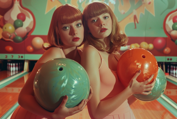 In a bustling bowling alley, two women are captured in action as they hold onto bowling balls. One woman, aged around 22, exudes confidence as she grips a bowling ball in her hands, while the other woman, approximately 19 years old, mirrors her stance with a ball of her own. The setting is colorful, with accents of green and brown dominating the scene. The women are surrounded by other objects like balloons and various balls, adding to the lively atmosphere of the bowling alley. This image perfectly encapsulates a fun and competitive day out with friends, filled with laughter and friendly competition.
