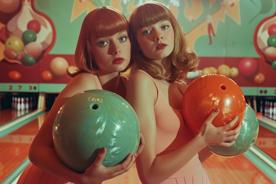 In a bustling bowling alley, two women are captured in action as they hold onto bowling balls. One woman, aged around 22, exudes confidence as she grips a bowling ball in her hands, while the other woman, approximately 19 years old, mirrors her stance with a ball of her own. The setting is colorful, with accents of green and brown dominating the scene. The women are surrounded by other objects like balloons and various balls, adding to the lively atmosphere of the bowling alley. This image perfectly encapsulates a fun and competitive day out with friends, filled with laughter and friendly competition.