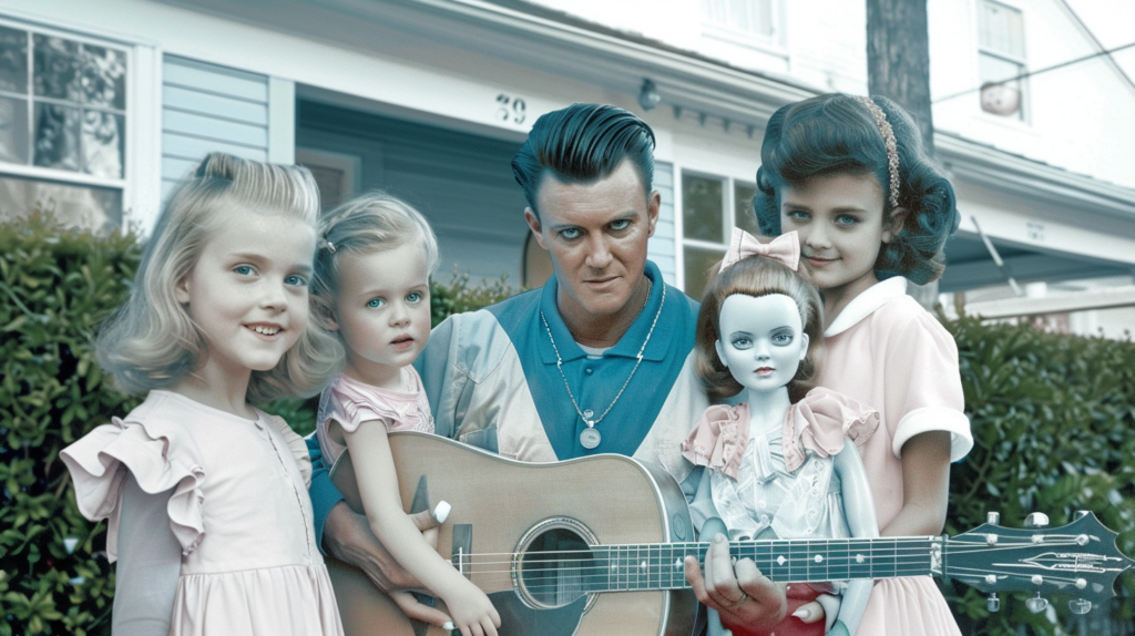A man is standing in the center, holding a guitar. He is surrounded by a diverse group of children, including a young girl holding a child, a young girl with an older sister, and two young girls with a man. The man is wearing a necklace and seems engaged with the children. The image captures a family moment, with everyone looking happy and involved. The guitar player''s face and hands are visible, along with a woman holding a guitar next to him. The setting appears to be a casual, intimate gathering, possibly a family event or a music lesson.