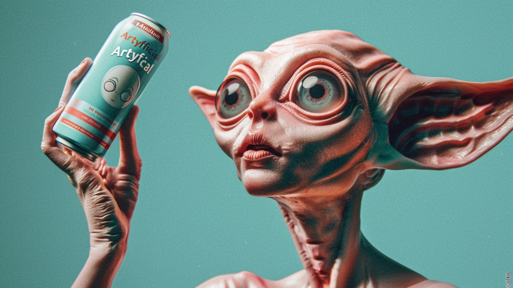 In this image, we see a person holding a can of beer. However, what catches our attention is the strange alien creature standing beside the person. The alien has big eyes and a unique look, making it appear otherworldly. The person seems unfazed by the alien''s presence, creating an intriguing and surreal scene. The alien is standing close to the person, almost as if they are interacting in some way. The colors in the image are primarily shades of green and brown, adding to the mysterious and fantastical atmosphere. This photo captures a moment of unexpected encounter between a human and an extraterrestrial being.