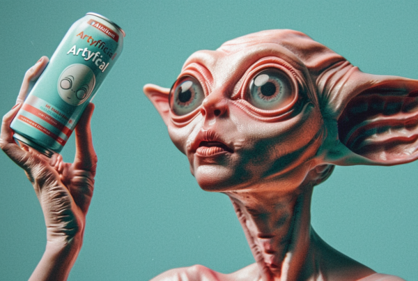In this image, we see a person holding a can of beer. However, what catches our attention is the strange alien creature standing beside the person. The alien has big eyes and a unique look, making it appear otherworldly. The person seems unfazed by the alien''s presence, creating an intriguing and surreal scene. The alien is standing close to the person, almost as if they are interacting in some way. The colors in the image are primarily shades of green and brown, adding to the mysterious and fantastical atmosphere. This photo captures a moment of unexpected encounter between a human and an extraterrestrial being.
