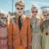 Three children are playfully dressed up in zombie costumes, standing in the middle of the desert. The first child, a young girl with white face paint and a yellow dress adorned with a rose, stands confidently. The second child, a boy in a suit, has his face covered in orange and black paint. The third child, another girl, is also in a zombie costume. In the background, a man in a suit with paint on his face is visible. The scene captures the eerie yet playful atmosphere of a Halloween celebration in a unique setting.