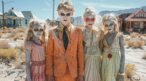 Three children are playfully dressed up in zombie costumes, standing in the middle of the desert. The first child, a young girl with white face paint and a yellow dress adorned with a rose, stands confidently. The second child, a boy in a suit, has his face covered in orange and black paint. The third child, another girl, is also in a zombie costume. In the background, a man in a suit with paint on his face is visible. The scene captures the eerie yet playful atmosphere of a Halloween celebration in a unique setting.