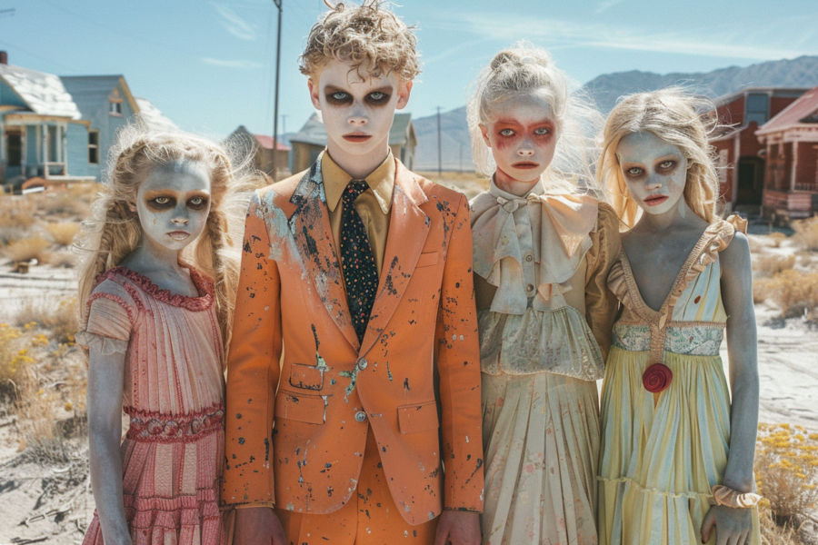 Three children are playfully dressed up in zombie costumes, standing in the middle of the desert. The first child, a young girl with white face paint and a yellow dress adorned with a rose, stands confidently. The second child, a boy in a suit, has his face covered in orange and black paint. The third child, another girl, is also in a zombie costume. In the background, a man in a suit with paint on his face is visible. The scene captures the eerie yet playful atmosphere of a Halloween celebration in a unique setting.