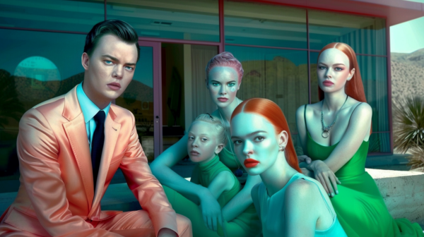 In a bustling social setting, a well-dressed man in a suit and tie is seated among a group of women. The man exudes confidence and sophistication, while the women showcase a range of stylish outfits and accessories. One woman stands out with red hair and a striking green dress, adding a vibrant pop of color to the scene. The group exudes a sense of camaraderie and elegance, with each individual exuding their unique sense of style. The background is adorned with a potted plant, adding a touch of nature to the chic gathering. The overall atmosphere is one of sophistication and camaraderie.