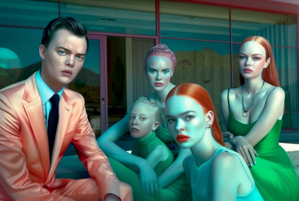 In a bustling social setting, a well-dressed man in a suit and tie is seated among a group of women. The man exudes confidence and sophistication, while the women showcase a range of stylish outfits and accessories. One woman stands out with red hair and a striking green dress, adding a vibrant pop of color to the scene. The group exudes a sense of camaraderie and elegance, with each individual exuding their unique sense of style. The background is adorned with a potted plant, adding a touch of nature to the chic gathering. The overall atmosphere is one of sophistication and camaraderie.