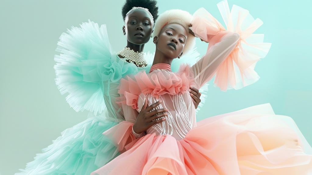 In this image, two women are elegantly posing for a picture. They are both wearing colorful dresses, with one woman in a pink dress and the other in a blue dress. The woman in the pink dress is holding a cell phone and has a pink flower on her shoulder. Additionally, she is wearing a diamond bracelet on her wrist. The woman in the blue dress is accessorized with a beautiful necklace. The background is a mix of white, black, and blue fabrics. One of the women, aged around 21, is facing the camera with a confident expression.