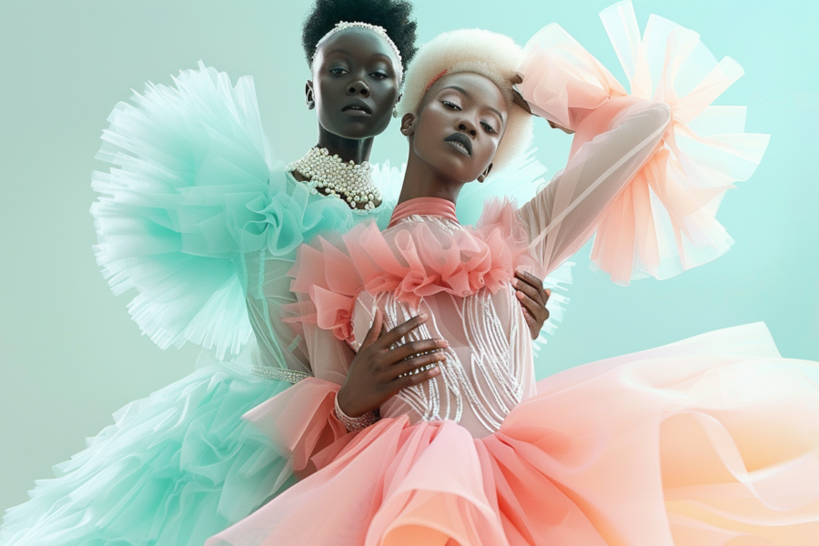In this image, two women are elegantly posing for a picture. They are both wearing colorful dresses, with one woman in a pink dress and the other in a blue dress. The woman in the pink dress is holding a cell phone and has a pink flower on her shoulder. Additionally, she is wearing a diamond bracelet on her wrist. The woman in the blue dress is accessorized with a beautiful necklace. The background is a mix of white, black, and blue fabrics. One of the women, aged around 21, is facing the camera with a confident expression.