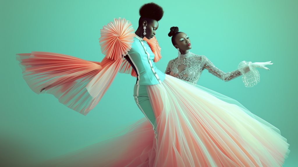 Two women dressed in elegant gowns are posing for a picture in a scenic outdoor setting. The first woman is wearing a white dress adorned with intricate beading and a bird motif, while the second woman is wearing a green dress with a flowing skirt. Both women exude grace and sophistication as they strike a pose. The colors of their dresses, including green, red, and blue, add vibrancy to the scene. The women''s attire suggests they may be dancers or attending a formal event. The overall color palette of the image includes earthy tones like brown and green, with accents of black and white.