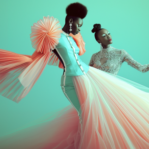 Two women dressed in elegant gowns are posing for a picture in a scenic outdoor setting. The first woman is wearing a white dress adorned with intricate beading and a bird motif, while the second woman is wearing a green dress with a flowing skirt. Both women exude grace and sophistication as they strike a pose. The colors of their dresses, including green, red, and blue, add vibrancy to the scene. The women''s attire suggests they may be dancers or attending a formal event. The overall color palette of the image includes earthy tones like brown and green, with accents of black and white.