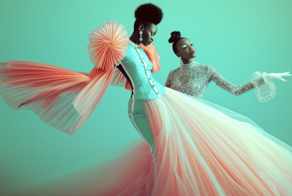 Two women dressed in elegant gowns are posing for a picture in a scenic outdoor setting. The first woman is wearing a white dress adorned with intricate beading and a bird motif, while the second woman is wearing a green dress with a flowing skirt. Both women exude grace and sophistication as they strike a pose. The colors of their dresses, including green, red, and blue, add vibrancy to the scene. The women''s attire suggests they may be dancers or attending a formal event. The overall color palette of the image includes earthy tones like brown and green, with accents of black and white.