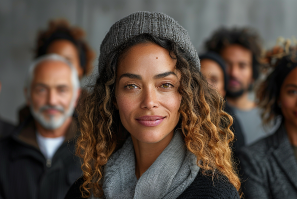In the image, there is a group of people gathered together. A woman with a hat and scarf stands out in the foreground, exuding a sense of elegance and style. She has long curly hair and is wearing a gray shirt. Beside her, there is a man with a beard. The overall scene captures a moment of social interaction, with various individuals showing different facial expressions. The colors in the image are primarily earthy tones, creating a warm and inviting atmosphere. The composition suggests a casual yet vibrant social gathering.