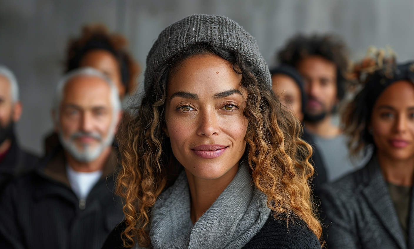 In the image, there is a group of people gathered together. A woman with a hat and scarf stands out in the foreground, exuding a sense of elegance and style. She has long curly hair and is wearing a gray shirt. Beside her, there is a man with a beard. The overall scene captures a moment of social interaction, with various individuals showing different facial expressions. The colors in the image are primarily earthy tones, creating a warm and inviting atmosphere. The composition suggests a casual yet vibrant social gathering.