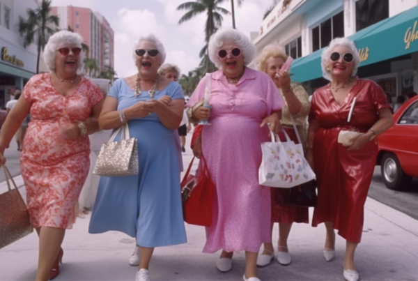 A group of women, including a woman in a pink dress and sunglasses, a woman in a blue dress, and a woman in a red dress, are seen walking down a street lined with palm trees. The women are carrying handbags and wearing accessories such as necklaces, bracelets, and sunglasses. In the background, a car and a pair of high heels can be seen. The women are of varying ages, with the youngest being 36 and the oldest being 52. The color palette of the scene includes shades of pink, blue, and purple, creating a vibrant and colorful image.
