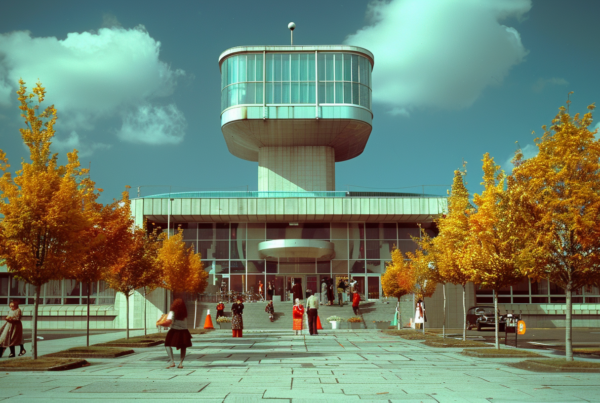 A group of people of diverse ages and genders are leisurely walking around a large building with a prominent clock tower. The scene is set against a clear blue sky with fluffy white clouds. The individuals are casually dressed, some carrying handbags or satchels, and one person is holding an umbrella. A red car is parked on the side of the road nearby. In the foreground, there are traffic cones scattered around the pavement. Overall, it appears to be a bustling urban area with a mix of architectural and natural elements.