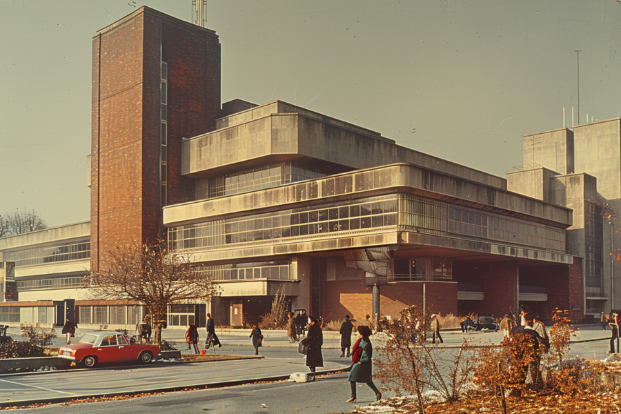 A bustling city scene is captured in this image, showcasing a large building with numerous windows and a diverse group of people walking around. The architecture of the building is grand and rectangular, with a prominent clock on the front. In the foreground, a red car is parked on the side of the road. The street is lined with trees, adding a touch of greenery to the urban landscape. People of various ages and genders can be seen walking, some wearing scarves and others simply enjoying the busy city atmosphere. The image exudes a sense of liveliness and urban energy.