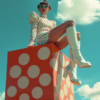 A woman is depicted sitting on top of a large red box, wearing a polka dot dress and high heeled boots. Her legs are prominently displayed, showcasing the stylish boots she is wearing. In the background, there are pairs of white boots hanging from a wall. The woman''s attire includes a polka dot top and white pants. The scene is set against a sky background. The woman appears confident and fashionable in her outfit, exuding a sense of style and sophistication. The overall composition of the image conveys a playful and trendy aesthetic.