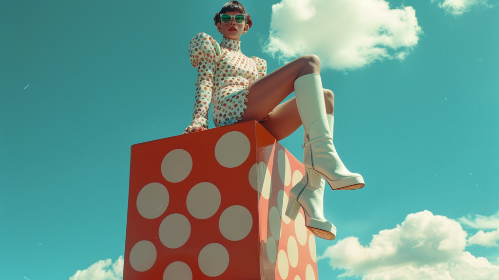 A woman is depicted sitting on top of a large red box, wearing a polka dot dress and high heeled boots. Her legs are prominently displayed, showcasing the stylish boots she is wearing. In the background, there are pairs of white boots hanging from a wall. The woman''s attire includes a polka dot top and white pants. The scene is set against a sky background. The woman appears confident and fashionable in her outfit, exuding a sense of style and sophistication. The overall composition of the image conveys a playful and trendy aesthetic.