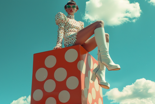 A woman is depicted sitting on top of a large red box, wearing a polka dot dress and high heeled boots. Her legs are prominently displayed, showcasing the stylish boots she is wearing. In the background, there are pairs of white boots hanging from a wall. The woman''s attire includes a polka dot top and white pants. The scene is set against a sky background. The woman appears confident and fashionable in her outfit, exuding a sense of style and sophistication. The overall composition of the image conveys a playful and trendy aesthetic.