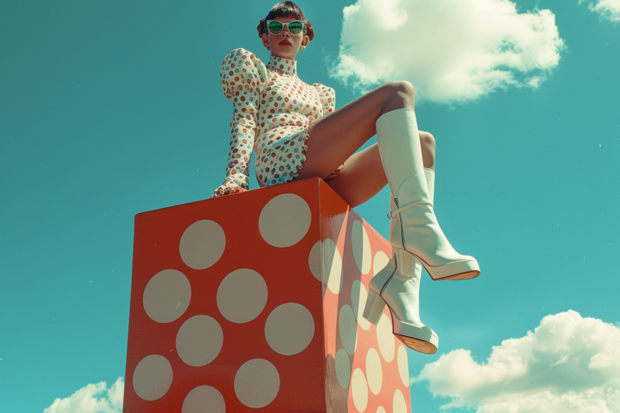 A woman is depicted sitting on top of a large red box, wearing a polka dot dress and high heeled boots. Her legs are prominently displayed, showcasing the stylish boots she is wearing. In the background, there are pairs of white boots hanging from a wall. The woman''s attire includes a polka dot top and white pants. The scene is set against a sky background. The woman appears confident and fashionable in her outfit, exuding a sense of style and sophistication. The overall composition of the image conveys a playful and trendy aesthetic.