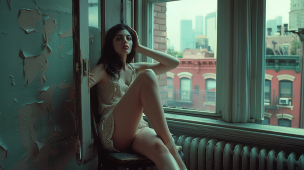 In this image, we see a woman sitting on a chair in front of a window. The woman appears to be young, around 22 years old, and is wearing lacy underwear. The room features a radiator and a bench in the background. The color palette of the scene includes shades of green, gray, and black. The woman''s back is facing the camera, showcasing the unique color of her underwear. The setting suggests a cozy and intimate atmosphere, with natural light coming in through the window. Overall, the image captures a moment of relaxation and contemplation