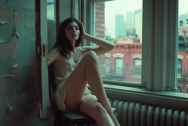 In this image, we see a woman sitting on a chair in front of a window. The woman appears to be young, around 22 years old, and is wearing lacy underwear. The room features a radiator and a bench in the background. The color palette of the scene includes shades of green, gray, and black. The woman''s back is facing the camera, showcasing the unique color of her underwear. The setting suggests a cozy and intimate atmosphere, with natural light coming in through the window. Overall, the image captures a moment of relaxation and contemplation