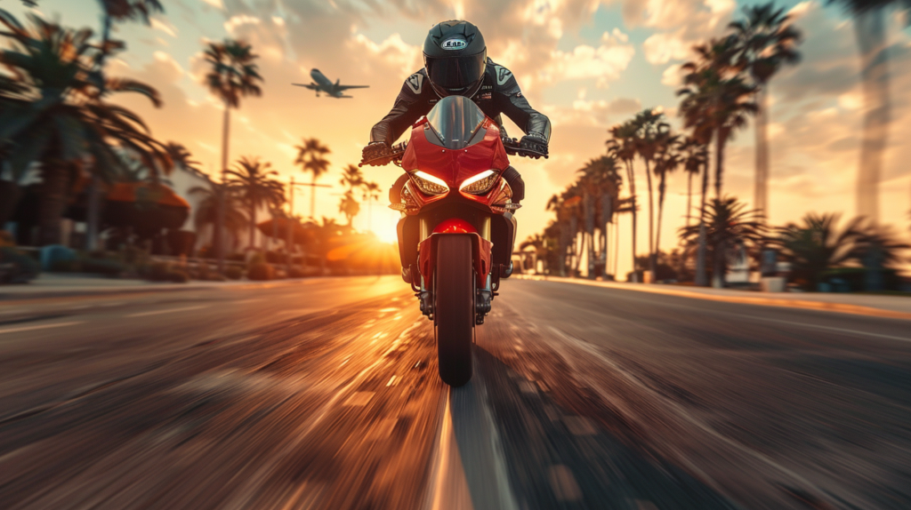 A person is seen riding a motorcycle down a street during sunset. The individual, wearing a helmet and gloves, is focused on the road ahead. The motorcycle itself is a prominent feature, with its sleek design and powerful presence. Surrounding the street are palm trees, adding a tropical vibe to the scene. The rider''s helmet has a chain around the neck, adding a cool and edgy detail. In the background, a car is parked on the side of the road. The image captures the essence of freedom and adventure as the rider cruises down the highway.