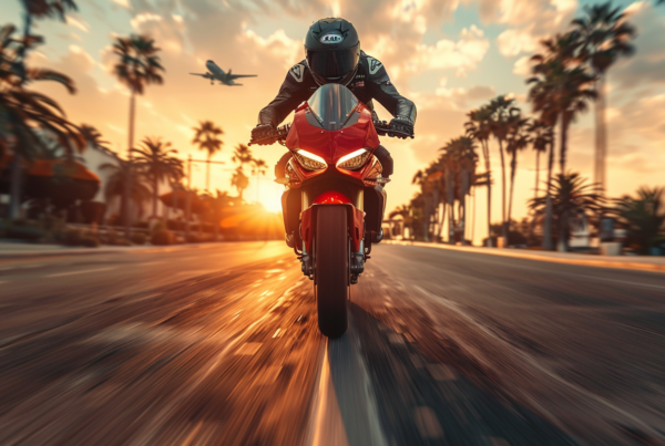 A person is seen riding a motorcycle down a street during sunset. The individual, wearing a helmet and gloves, is focused on the road ahead. The motorcycle itself is a prominent feature, with its sleek design and powerful presence. Surrounding the street are palm trees, adding a tropical vibe to the scene. The rider''s helmet has a chain around the neck, adding a cool and edgy detail. In the background, a car is parked on the side of the road. The image captures the essence of freedom and adventure as the rider cruises down the highway.