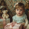 A heartwarming scene is captured in this image, featuring a young girl sitting on the floor surrounded by various gifts and stuffed toys. The focus of the photo is on the little girl, who is joyfully admiring a beautifully wrapped present in front of her. She is accompanied by a collection of colorful stuffed toys scattered around her. A storage box is also visible in the background, adding to the cozy and festive atmosphere of the setting. The color palette of the image consists of earthy tones and soft pastels, enhancing the overall warm and inviting feel of the scene.