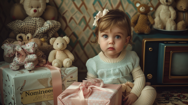 A heartwarming scene is captured in this image, featuring a young girl sitting on the floor surrounded by various gifts and stuffed toys. The focus of the photo is on the little girl, who is joyfully admiring a beautifully wrapped present in front of her. She is accompanied by a collection of colorful stuffed toys scattered around her. A storage box is also visible in the background, adding to the cozy and festive atmosphere of the setting. The color palette of the image consists of earthy tones and soft pastels, enhancing the overall warm and inviting feel of the scene.