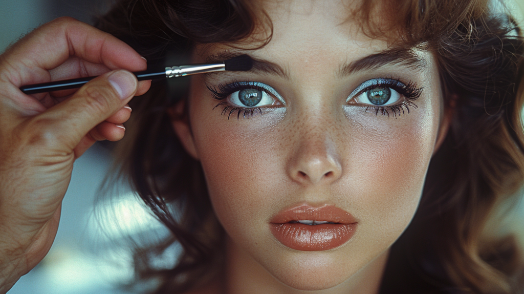 A woman with a brush in her hand is shown in this image. She appears to be focused on applying makeup, possibly eyeliner or lipstick, as indicated by the presence of red lipstick and the woman''s hand holding a brush. The woman has well-defined eyebrows and is wearing makeup. Her lips are painted with red lipstick. The image is a close-up of her face, specifically focusing on her eyes. The woman is young, around 25 years old, and her gender is female. The background colors are mostly earthy tones, complementing the woman''s makeup