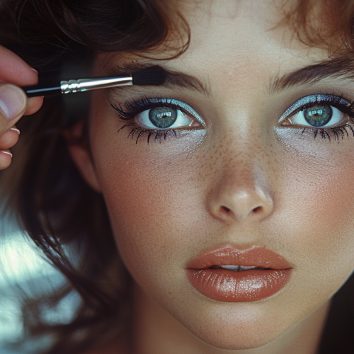 A woman with a brush in her hand is shown in this image. She appears to be focused on applying makeup, possibly eyeliner or lipstick, as indicated by the presence of red lipstick and the woman''s hand holding a brush. The woman has well-defined eyebrows and is wearing makeup. Her lips are painted with red lipstick. The image is a close-up of her face, specifically focusing on her eyes. The woman is young, around 25 years old, and her gender is female. The background colors are mostly earthy tones, complementing the woman''s makeup