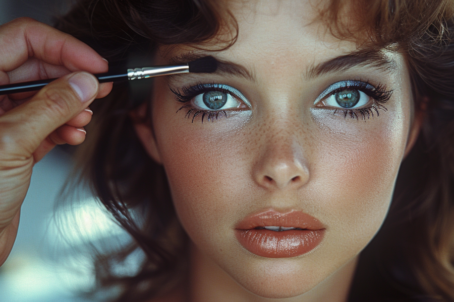 A woman with a brush in her hand is shown in this image. She appears to be focused on applying makeup, possibly eyeliner or lipstick, as indicated by the presence of red lipstick and the woman''s hand holding a brush. The woman has well-defined eyebrows and is wearing makeup. Her lips are painted with red lipstick. The image is a close-up of her face, specifically focusing on her eyes. The woman is young, around 25 years old, and her gender is female. The background colors are mostly earthy tones, complementing the woman''s makeup