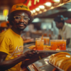 In this image, we see a man in a yellow shirt and a hat holding a tray of food in a restaurant setting. The man appears to be smiling and is surrounded by various drinks on the table. He is wearing glasses and there is another person in the background. The table is set with a cup of juice and a plate of food. The man''s face is the focal point of the image, showcasing a positive expression. The overall atmosphere is casual and inviting, with warm colors and a cozy ambiance.