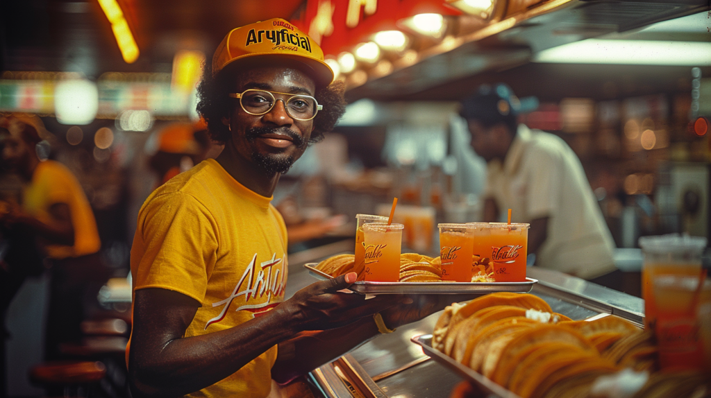 In this image, we see a man in a yellow shirt and a hat holding a tray of food in a restaurant setting. The man appears to be smiling and is surrounded by various drinks on the table. He is wearing glasses and there is another person in the background. The table is set with a cup of juice and a plate of food. The man''s face is the focal point of the image, showcasing a positive expression. The overall atmosphere is casual and inviting, with warm colors and a cozy ambiance.