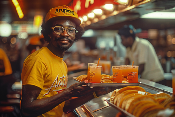 In this image, we see a man in a yellow shirt and a hat holding a tray of food in a restaurant setting. The man appears to be smiling and is surrounded by various drinks on the table. He is wearing glasses and there is another person in the background. The table is set with a cup of juice and a plate of food. The man''s face is the focal point of the image, showcasing a positive expression. The overall atmosphere is casual and inviting, with warm colors and a cozy ambiance.