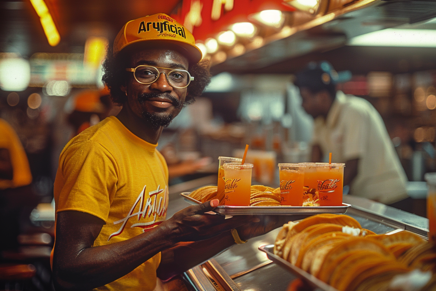 In this image, we see a man in a yellow shirt and a hat holding a tray of food in a restaurant setting. The man appears to be smiling and is surrounded by various drinks on the table. He is wearing glasses and there is another person in the background. The table is set with a cup of juice and a plate of food. The man''s face is the focal point of the image, showcasing a positive expression. The overall atmosphere is casual and inviting, with warm colors and a cozy ambiance.