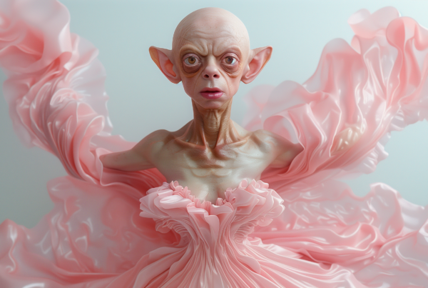 The image depicts a woman in a pink dress with a strange face. The woman appears to have a distorted, alien-like face, adding a creepy and surreal element to the scene. The pink dress stands out against the neutral background, drawing attention to the woman''s unusual appearance. Additionally, there is a hint of a rose and a vase in the background, adding to the overall weirdness of the image. The woman''s expression and posture suggest a sense of unease or discomfort, further enhancing the eerie atmosphere captured in the photograph.