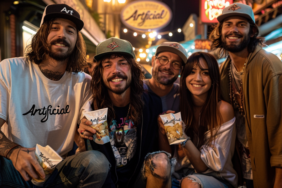 A diverse group of people is seated on the ground in a city setting. The scene includes four individuals, two men, and two women. One man has long hair and a beard and is holding a bag of chips. The others are casually dressed, with one woman wearing glasses and a necklace. The group appears to be posing for a picture. The background shows a mix of urban elements, suggesting they are in a public space. The colors in the image are predominantly earthy tones, with accents of dark brown and light gray. Overall, the atmosphere is relaxed and social.