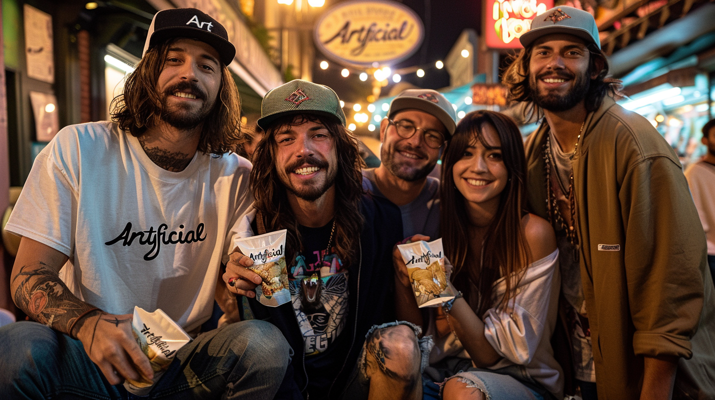A diverse group of people is seated on the ground in a city setting. The scene includes four individuals, two men, and two women. One man has long hair and a beard and is holding a bag of chips. The others are casually dressed, with one woman wearing glasses and a necklace. The group appears to be posing for a picture. The background shows a mix of urban elements, suggesting they are in a public space. The colors in the image are predominantly earthy tones, with accents of dark brown and light gray. Overall, the atmosphere is relaxed and social.