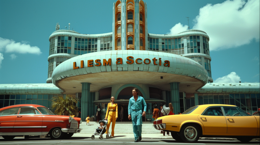A man and a woman are casually strolling in front of a movie theater building. The scene also includes a parked yellow car on the side of the road. The man is wearing a blue suit while the woman''s attire is not specified. In the background, there is a red car and a baby carriage. The setting seems to be urban with palm trees visible. Overall, it appears to be a leisurely day out in the city, with various elements such as cars, pedestrians, and buildings contributing to the lively atmosphere.
