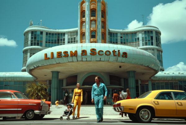 A man and a woman are casually strolling in front of a movie theater building. The scene also includes a parked yellow car on the side of the road. The man is wearing a blue suit while the woman''s attire is not specified. In the background, there is a red car and a baby carriage. The setting seems to be urban with palm trees visible. Overall, it appears to be a leisurely day out in the city, with various elements such as cars, pedestrians, and buildings contributing to the lively atmosphere.