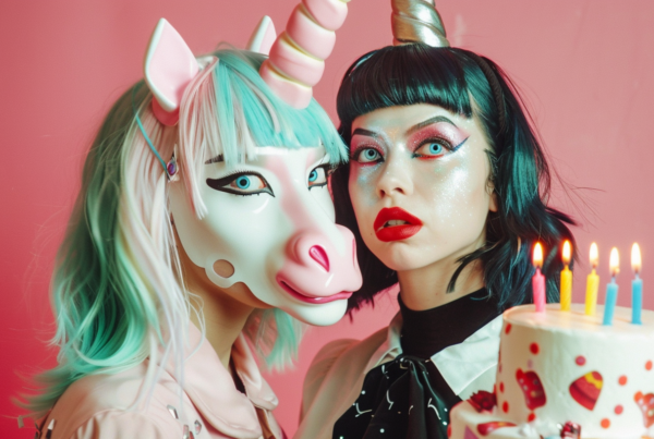 In this vibrant and whimsical image, two women are seen wearing elaborate unicorn makeup, complete with colorful horns and sparkles. The women are standing next to a beautifully decorated birthday cake, adorned with candles. The cake is a stunning display of pastel colors, with pink and white frosting. One of the women is looking directly at the camera, showcasing her intricate makeup, while the other woman is admiring the cake in the background. The overall scene exudes joy and celebration, with a magical and fantastical atmosphere. The image captures a moment of fun and festivity, perfect for a birthday party or special occasion.