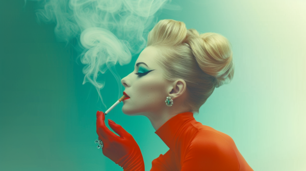 A striking image of a woman in a red dress smoking a cigarette. The woman is positioned towards the right side of the frame, her face partially obscured by smoke from the cigarette. She exudes an air of mystery and sophistication. The red dress contrasts beautifully with the green background, drawing attention to her presence. The woman''s hand is adorned with a ring, adding a touch of elegance to the scene. A pen or pencil can be seen nearby, hinting at a creative or professional environment. The overall composition is captivating and evocative.