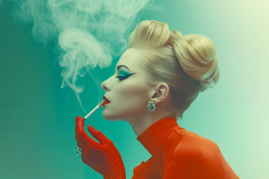A striking image of a woman in a red dress smoking a cigarette. The woman is positioned towards the right side of the frame, her face partially obscured by smoke from the cigarette. She exudes an air of mystery and sophistication. The red dress contrasts beautifully with the green background, drawing attention to her presence. The woman''s hand is adorned with a ring, adding a touch of elegance to the scene. A pen or pencil can be seen nearby, hinting at a creative or professional environment. The overall composition is captivating and evocative.