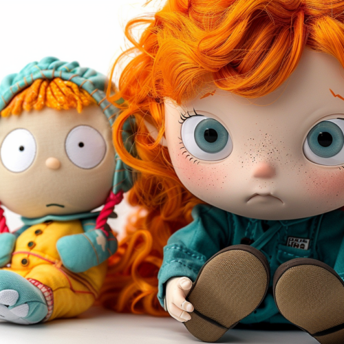 In this image, we see two dolls sitting next to each other. One of the dolls has orange hair and is wearing a blue hat. The other doll also has orange hair and blue eyes. Both dolls have very large eyes, with one of them being a redhead girl. The dolls seem to have different colored eyes and hair, with red hair and blue eyes being a prominent feature. The dolls appear to be placed on a table, adding to the overall composition of the scene. The overall color palette of the image includes shades of brown, orange, white, and blue, creating a warm and inviting atmosphere.